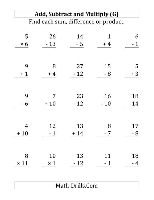 The Adding, Subtracting and Multiplying with Facts From 1 to 15 (G) Math Worksheet