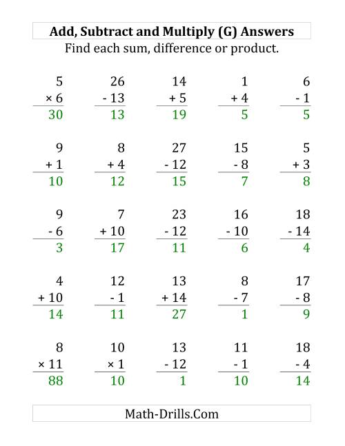 The Adding, Subtracting and Multiplying with Facts From 1 to 15 (G) Math Worksheet Page 2