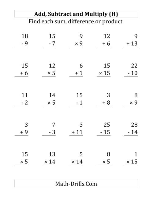 The Adding, Subtracting and Multiplying with Facts From 1 to 15 (H) Math Worksheet