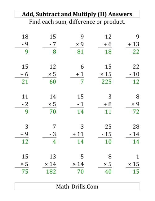 The Adding, Subtracting and Multiplying with Facts From 1 to 15 (H) Math Worksheet Page 2