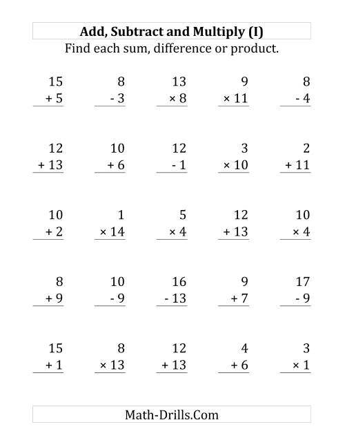 The Adding, Subtracting and Multiplying with Facts From 1 to 15 (I) Math Worksheet