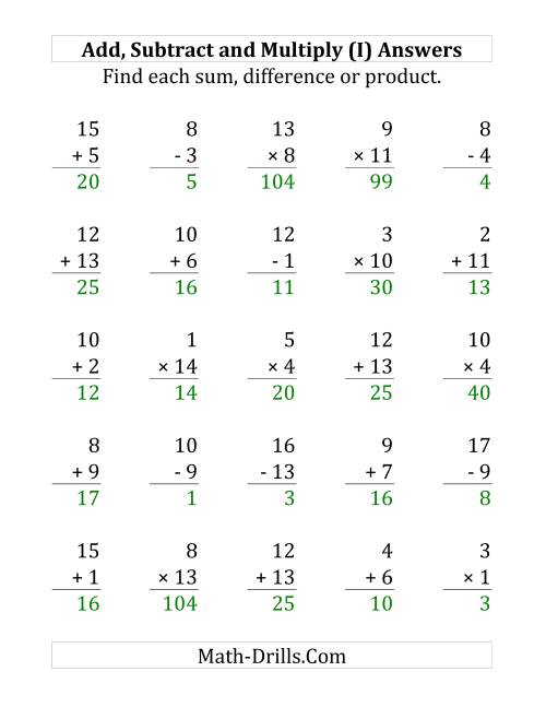The Adding, Subtracting and Multiplying with Facts From 1 to 15 (I) Math Worksheet Page 2