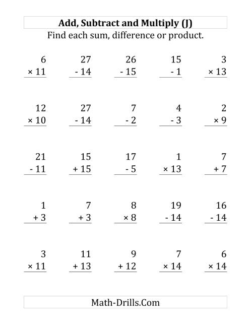 The Adding, Subtracting and Multiplying with Facts From 1 to 15 (J) Math Worksheet