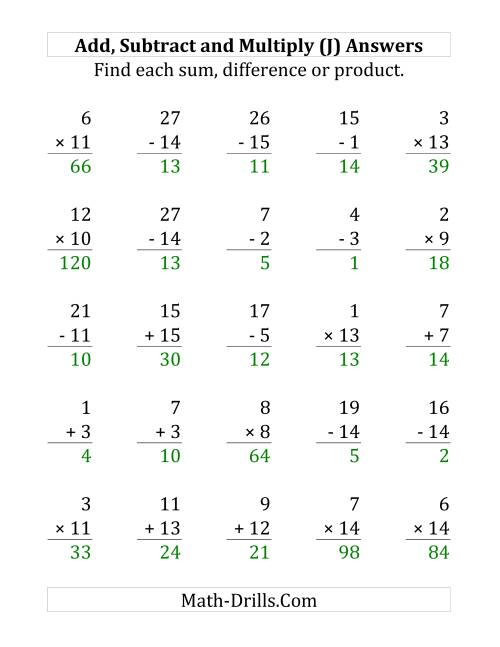 The Adding, Subtracting and Multiplying with Facts From 1 to 15 (J) Math Worksheet Page 2
