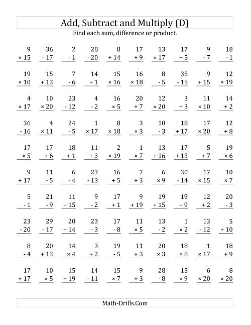 The Adding, Subtracting and Multiplying with Facts From 1 to 20 (D) Math Worksheet
