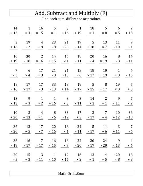 The Adding, Subtracting and Multiplying with Facts From 1 to 20 (F) Math Worksheet