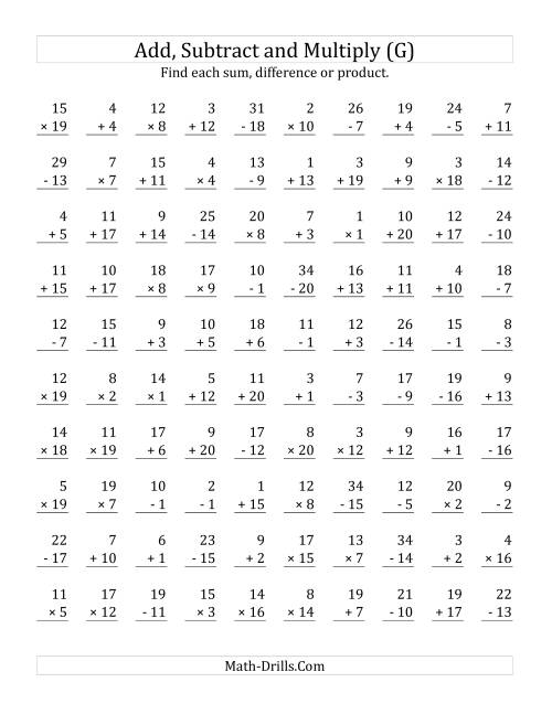 The Adding, Subtracting and Multiplying with Facts From 1 to 20 (G) Math Worksheet