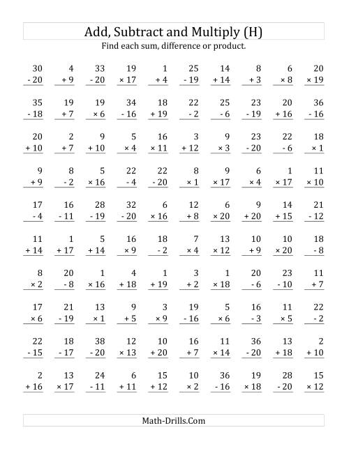 The Adding, Subtracting and Multiplying with Facts From 1 to 20 (H) Math Worksheet