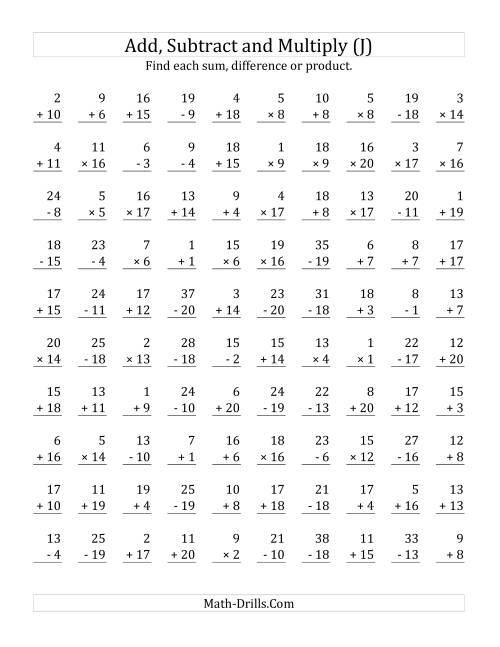 The Adding, Subtracting and Multiplying with Facts From 1 to 20 (J) Math Worksheet