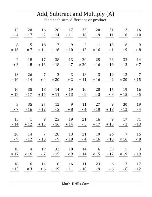The Adding, Subtracting and Multiplying with Facts From 1 to 20 (All) Math Worksheet