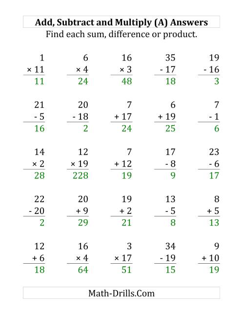 The Adding, Subtracting and Multiplying with Facts From 1 to 20 (A) Math Worksheet Page 2