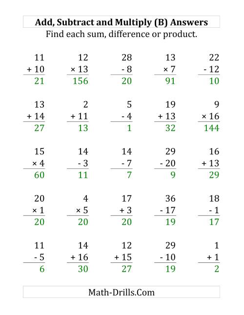 The Adding, Subtracting and Multiplying with Facts From 1 to 20 (B) Math Worksheet Page 2