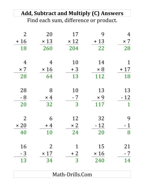 The Adding, Subtracting and Multiplying with Facts From 1 to 20 (C) Math Worksheet Page 2
