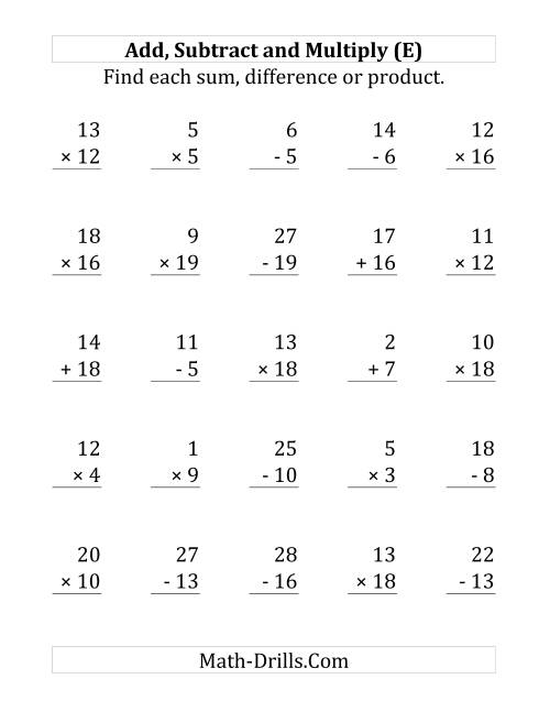 The Adding, Subtracting and Multiplying with Facts From 1 to 20 (E) Math Worksheet