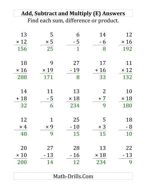 The Adding, Subtracting and Multiplying with Facts From 1 to 20 (E) Math Worksheet Page 2