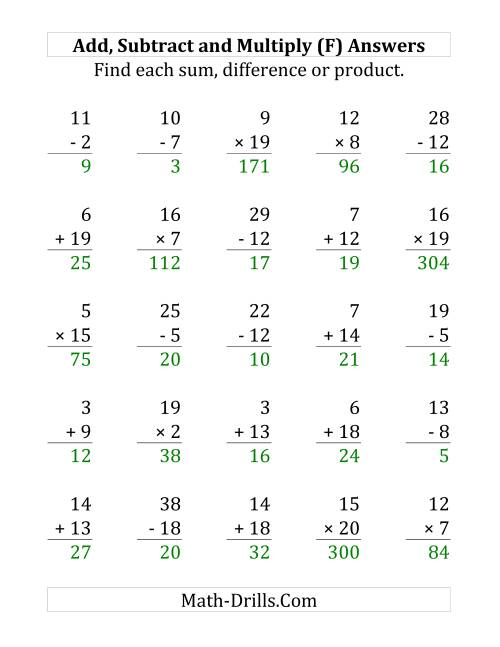 The Adding, Subtracting and Multiplying with Facts From 1 to 20 (F) Math Worksheet Page 2