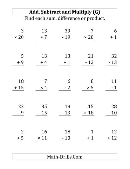 The Adding, Subtracting and Multiplying with Facts From 1 to 20 (G) Math Worksheet