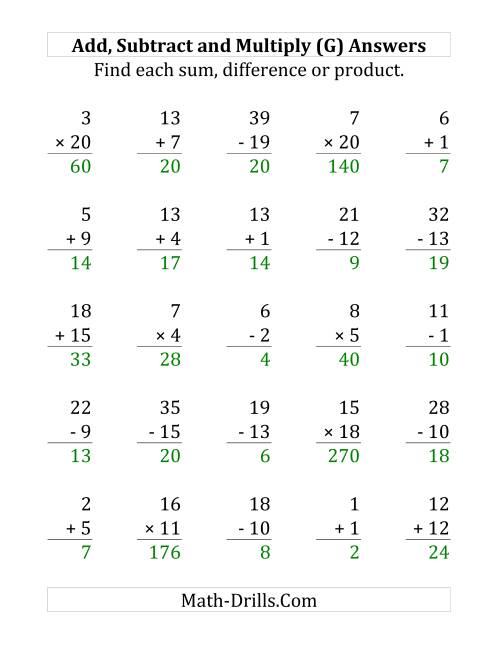 The Adding, Subtracting and Multiplying with Facts From 1 to 20 (G) Math Worksheet Page 2