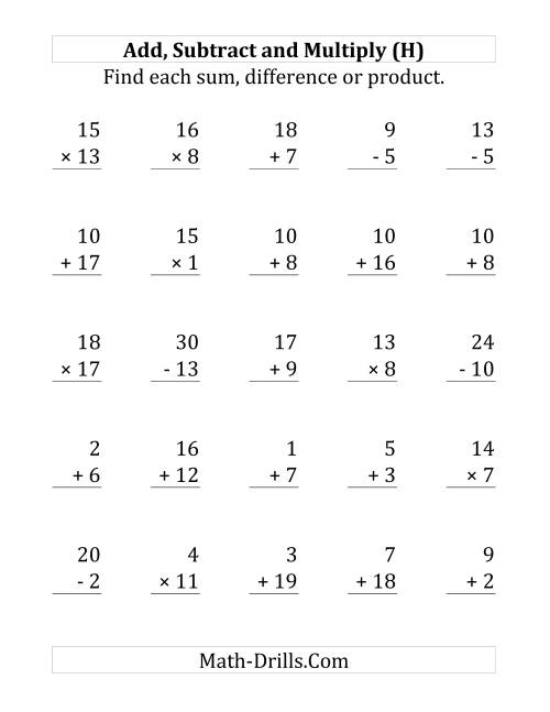 The Adding, Subtracting and Multiplying with Facts From 1 to 20 (H) Math Worksheet