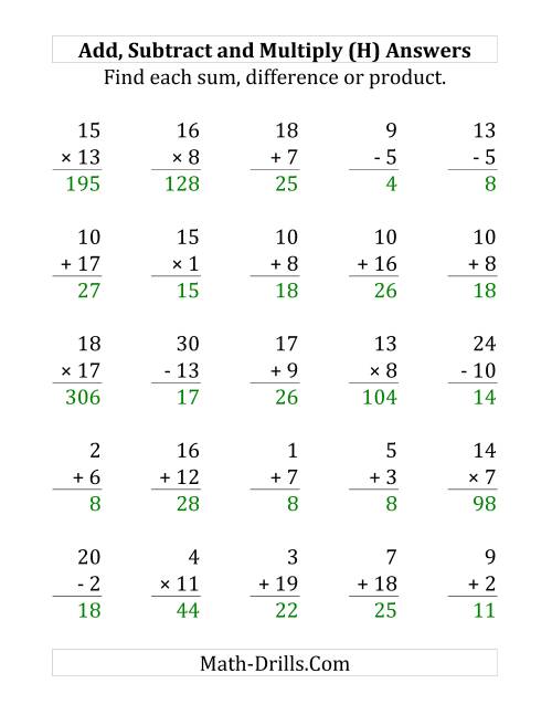 The Adding, Subtracting and Multiplying with Facts From 1 to 20 (H) Math Worksheet Page 2