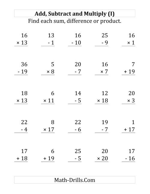 The Adding, Subtracting and Multiplying with Facts From 1 to 20 (I) Math Worksheet