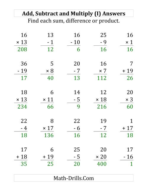 The Adding, Subtracting and Multiplying with Facts From 1 to 20 (I) Math Worksheet Page 2