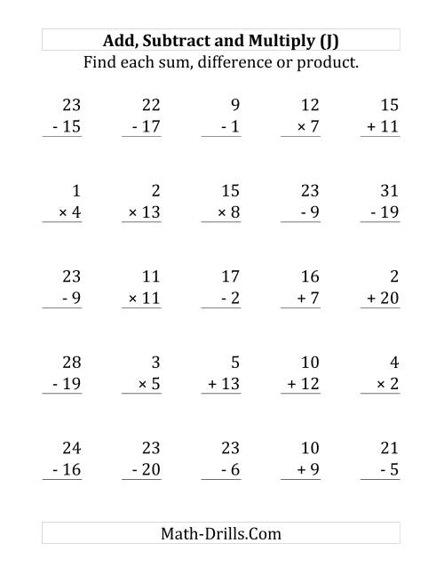 The Adding, Subtracting and Multiplying with Facts From 1 to 20 (J) Math Worksheet