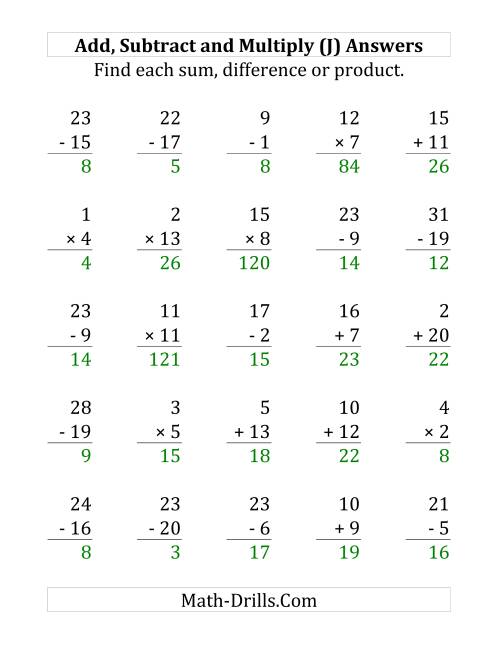 The Adding, Subtracting and Multiplying with Facts From 1 to 20 (J) Math Worksheet Page 2