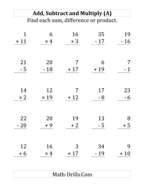 The Adding, Subtracting and Multiplying with Facts From 1 to 20 (Large Print) Math Worksheet
