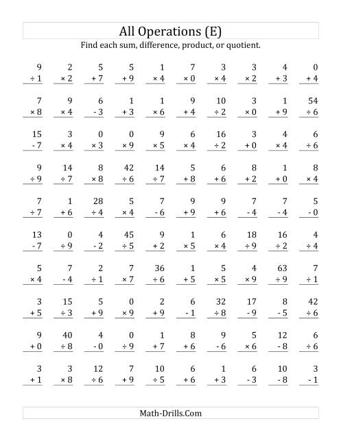 The All Operations with Facts From 0 to 9 (E) Math Worksheet