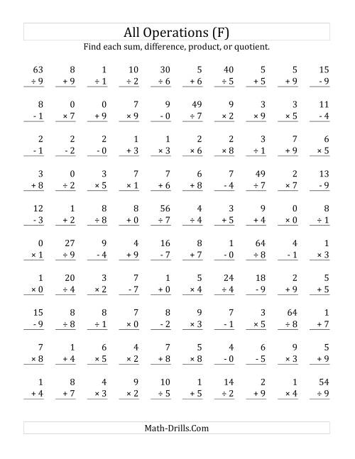 The All Operations with Facts From 0 to 9 (F) Math Worksheet