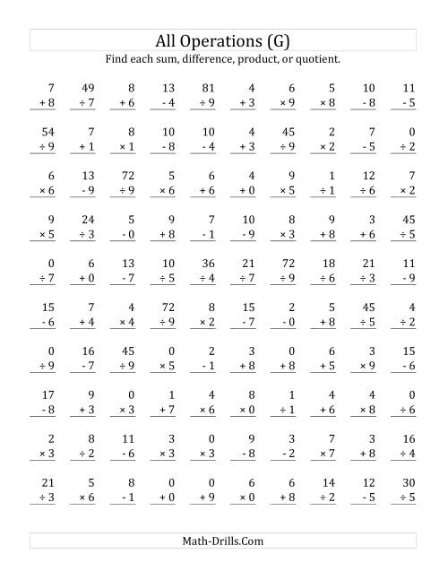 The All Operations with Facts From 0 to 9 (G) Math Worksheet
