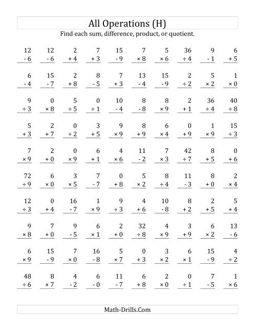 The All Operations with Facts From 0 to 9 (H) Math Worksheet