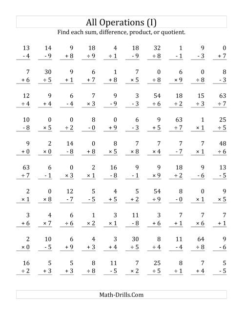 The All Operations with Facts From 0 to 9 (I) Math Worksheet