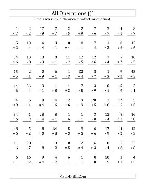 The All Operations with Facts From 0 to 9 (J) Math Worksheet