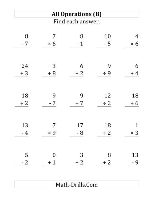 The All Operations with Facts From 0 to 9 (B) Math Worksheet