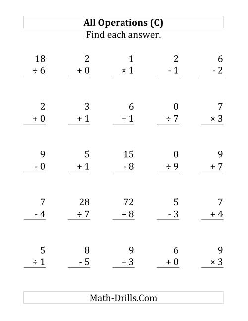 The All Operations with Facts From 0 to 9 (C) Math Worksheet