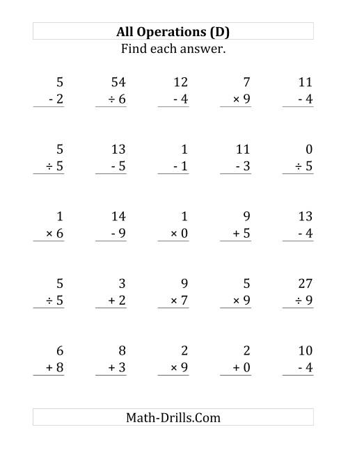 The All Operations with Facts From 0 to 9 (D) Math Worksheet