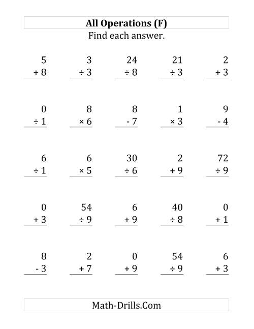The All Operations with Facts From 0 to 9 (F) Math Worksheet