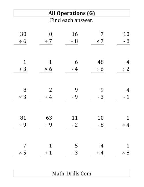 The All Operations with Facts From 0 to 9 (G) Math Worksheet