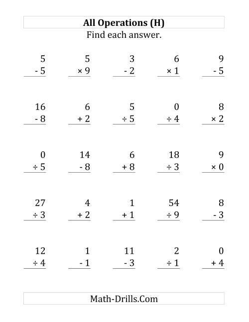The All Operations with Facts From 0 to 9 (H) Math Worksheet