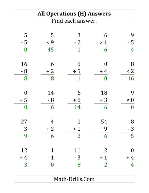 The All Operations with Facts From 0 to 9 (H) Math Worksheet Page 2