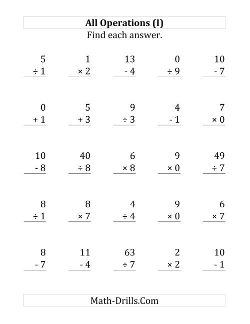 The All Operations with Facts From 0 to 9 (I) Math Worksheet