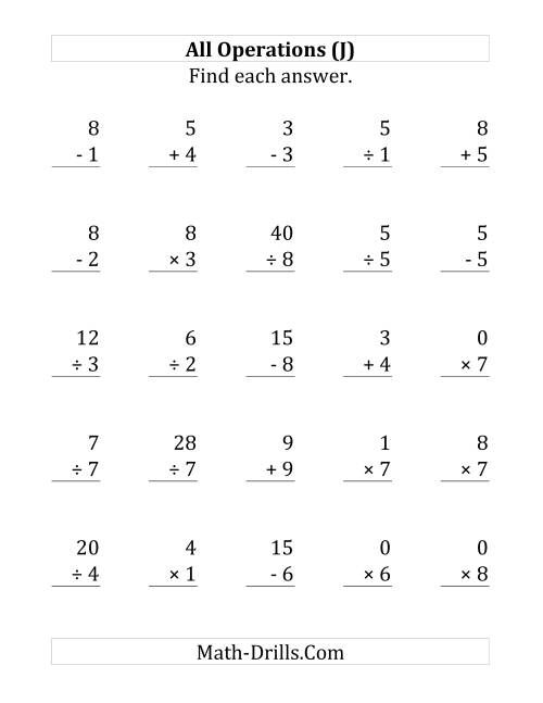 The All Operations with Facts From 0 to 9 (J) Math Worksheet