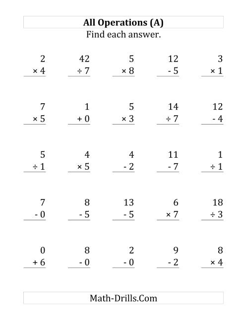 The All Operations with Facts From 0 to 9 (Large Print) Math Worksheet