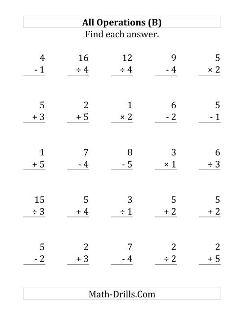 The All Operations with Facts From 1 to 5 (B) Math Worksheet