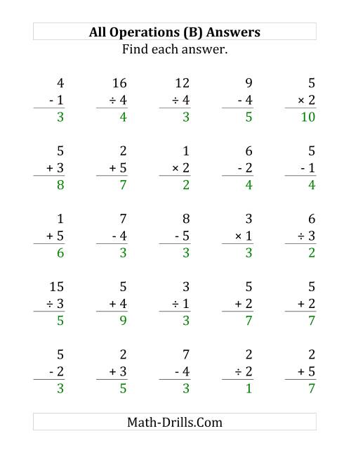 The All Operations with Facts From 1 to 5 (B) Math Worksheet Page 2