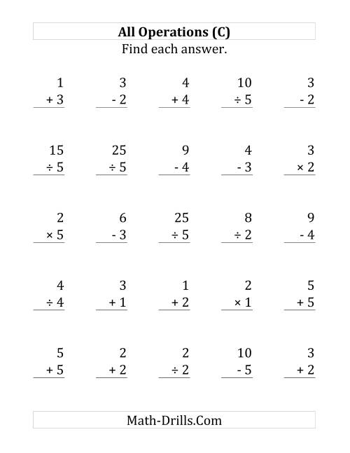 The All Operations with Facts From 1 to 5 (C) Math Worksheet