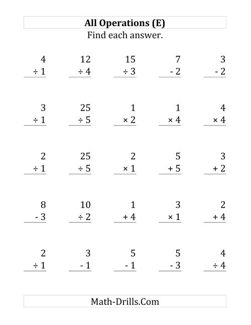 The All Operations with Facts From 1 to 5 (E) Math Worksheet
