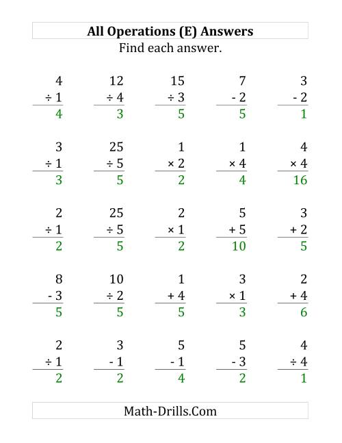 The All Operations with Facts From 1 to 5 (E) Math Worksheet Page 2